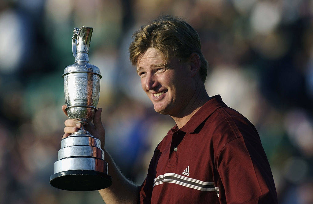 Ernie Els lifts the Claret Jug at Muirfield after winning The Open in 2002
